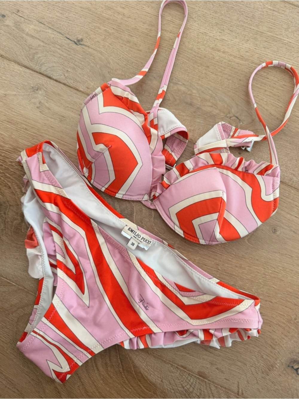 Emilio Pucci Pink and Red Geometric Ruffled Bikini